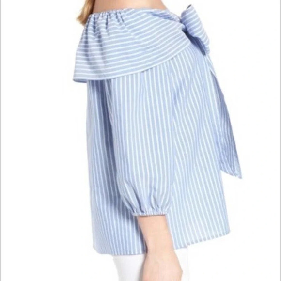 Pleione Off Shoulder Bow Top In Blue White Stripe Size S 14485 - Picture 2 of 11